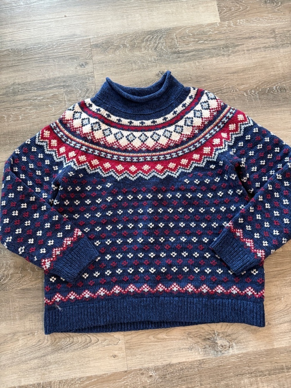Lands’ End Navy Fair Isle Wool Blend Nordic Sweater - sz l